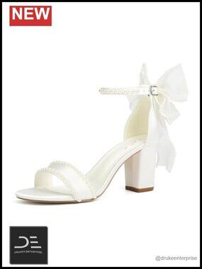Pearl Wedding Heels for Bride Block Heel Sandals Open Toe Bow Tie Bridal Shoes